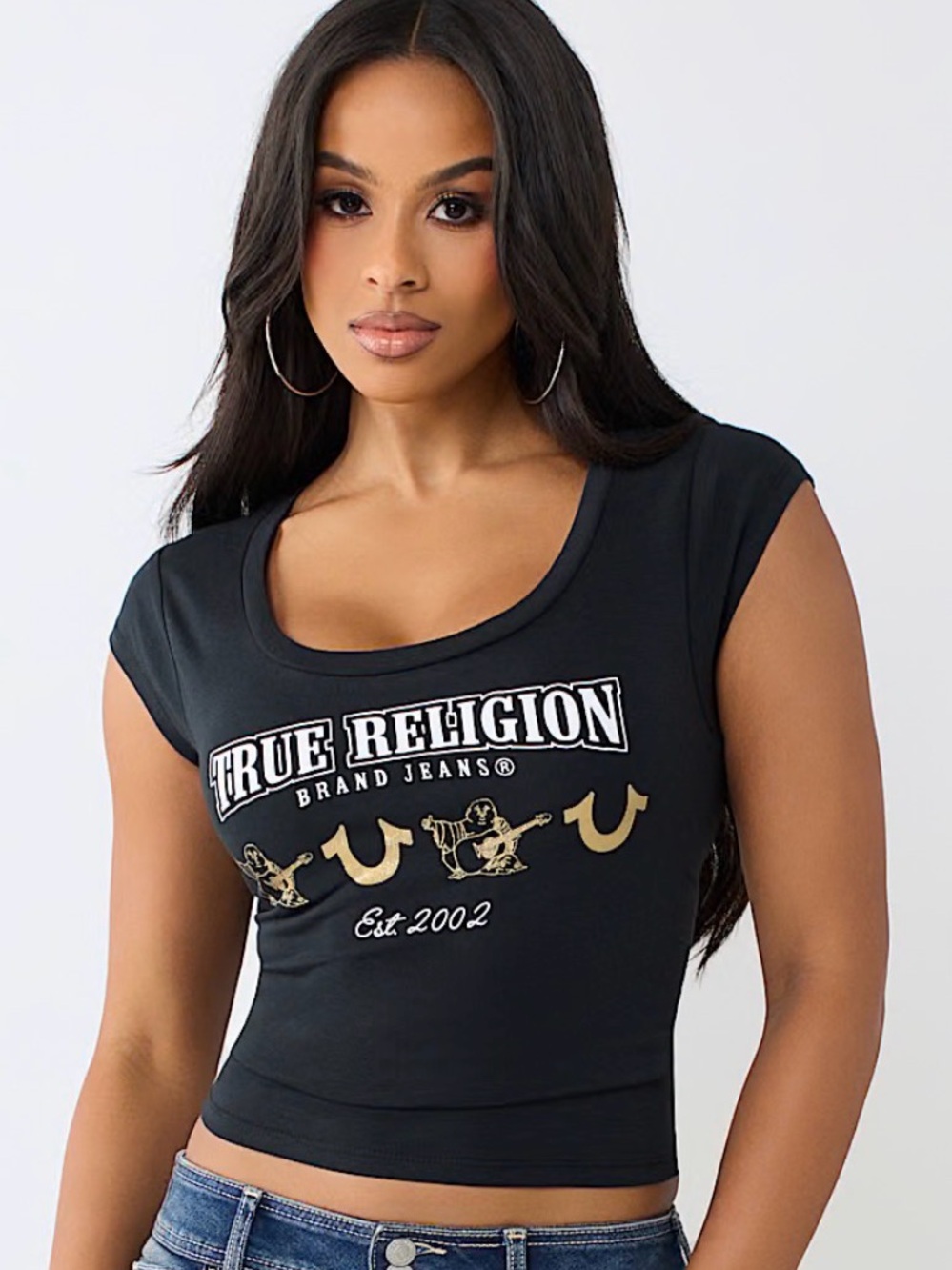 True Religion Black Crop Tee with Gold Logo - Picture 1 of 6